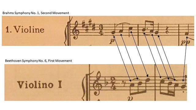 Comparing the opening of Brahms' Symphony No. 1, Second Movement with the opening of Beethoven's Symphony No. 6, First Movement.